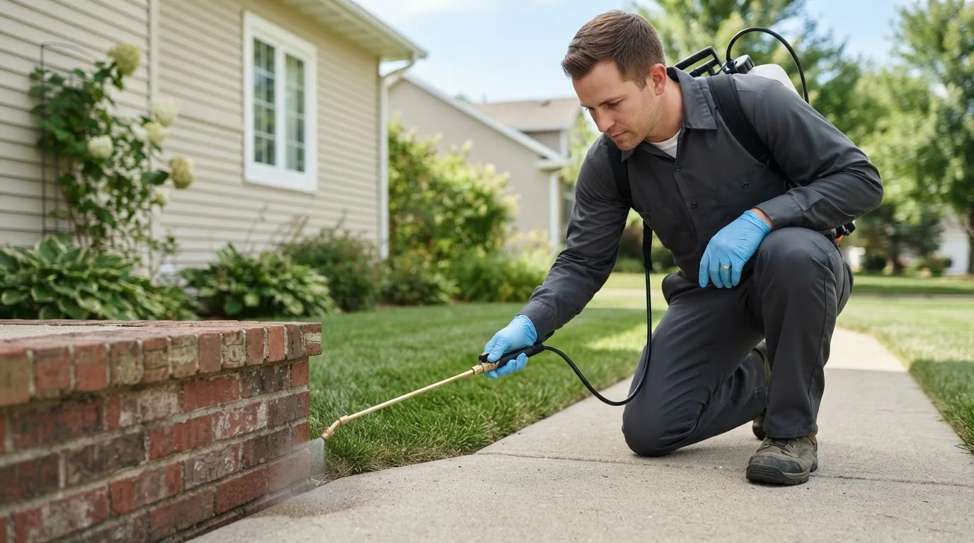 Pest control technician treating a home near New Berlin, IL